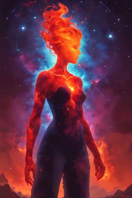 space-themed score_9,score_8_up,<lora:Turbo_XL:1>,1girl,maximum details,<lora:FireHuman:1>,firehuman,colored skin,orange fireskin,fire,empty eyes,<lora:BeautyInEvilPony:0.6>,hkevil,<lora:HerrscherAGGA2024_Nameless_Style_V2:0.4>,nameless_style,<lora:inner_galaxy:0.5>,inner_galaxy,silhouette,space background,stars,abstract, . cosmic, celestial, stars, galaxies, nebulas, planets, science fiction, highly detailed