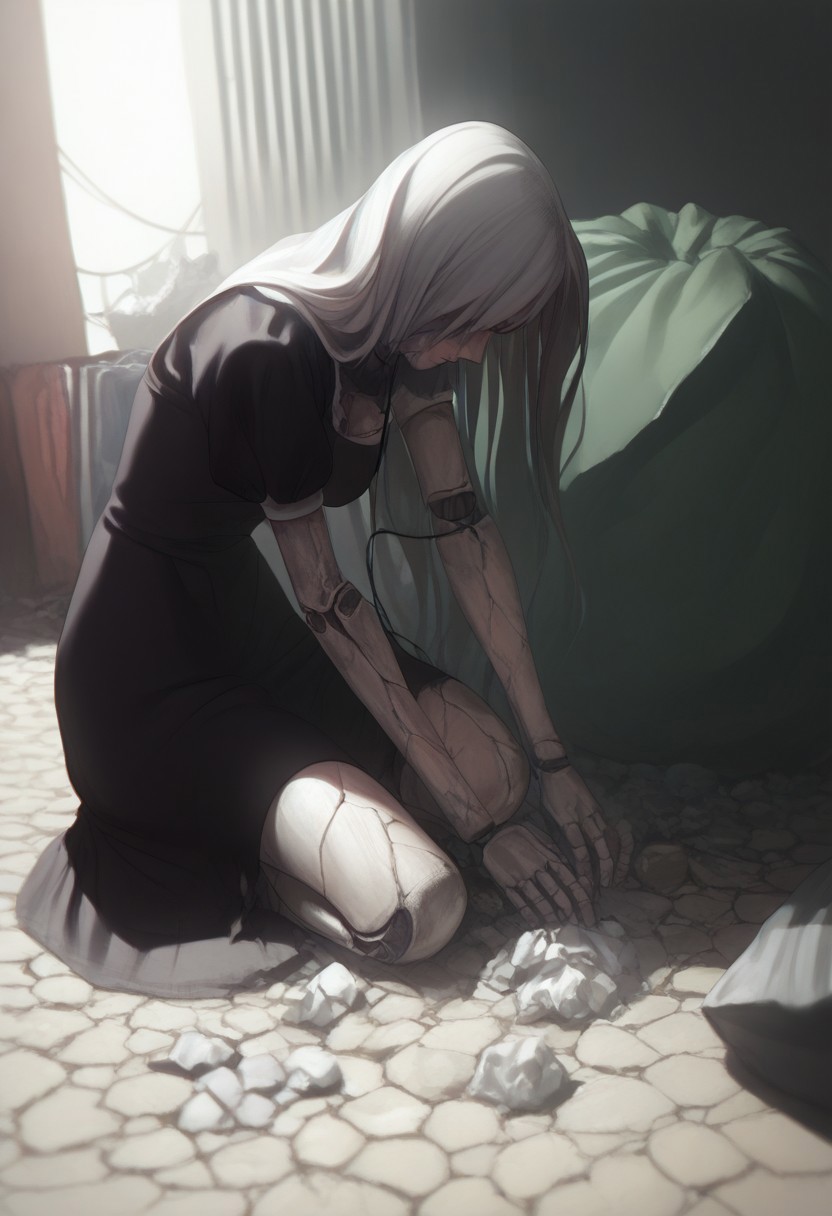 abbystea style, detailed,masterpiece,score_9,score_8_up,score_7_up,score_6_up,1girl,female, solo,anime,white hair, long hair,blue eyes,(glowing eyes:0.5),metal skin,wire,(cracked skin),melancholy,joints,android,mechanical parts,dark,sitting,trash bag,trash,slums,dirty,clutter,sad,barefoot,poverty,catharsis,cracked face, fullbody, sunlight,black dress, maid outfit, puffy sleeves,source_anime, outdoors, sad face, close up, ripped clothes, large breasts, hands, wires, clothing cutout, postapocalypse, greenery, covered eyes, mole under eye, mole under mouth, A2