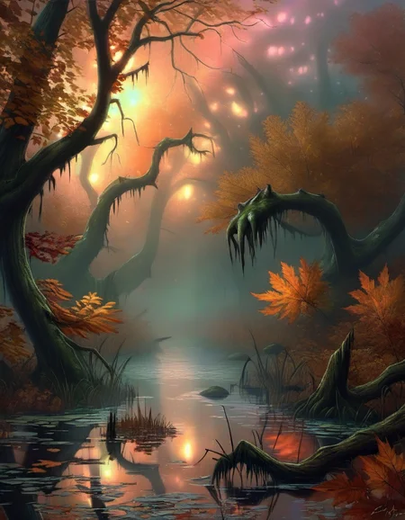 Autumn: The swamp takes on an eerie beauty as leaves from the surrounding trees fall into the water, creating a mosaic of color. Mist rolls across the still, dark waters, and the calls of unseen creatures echo through the trees. In a mysterious, melancholic, and otherworldly art style., sharp focus, detailed, sub surafce scattering, glow, dust, volumetric light <lora:TOONER_1_RC:0.9>