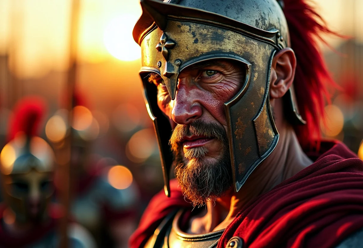 "The wrinkled and determined face of the Spartan warrior, illuminated by the dim sunset light, reflects the suffering of a veteran soldier and the harshness of war, as he stands in the heart of the bloody battlefield, his heavy armor protects his strong body and his eyes shine like amber in the many deep sockets, reflecting his experience in battle and his unwavering determination. Despite the violence around him, he radiates an incredible inner calm, ready for any scenario."
HDR, 8K