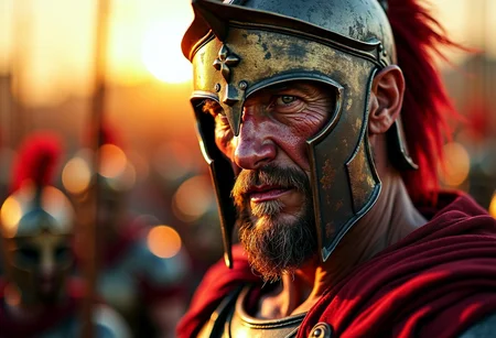 "The wrinkled and determined face of the Spartan warrior, illuminated by the dim sunset light, reflects the suffering of a veteran soldier and the harshness of war, as he stands in the heart of the bloody battlefield, his heavy armor protects his strong body and his eyes shine like amber in the many deep sockets, reflecting his experience in battle and his unwavering determination. Despite the violence around him, he radiates an incredible inner calm, ready for any scenario."           
HDR, 8K