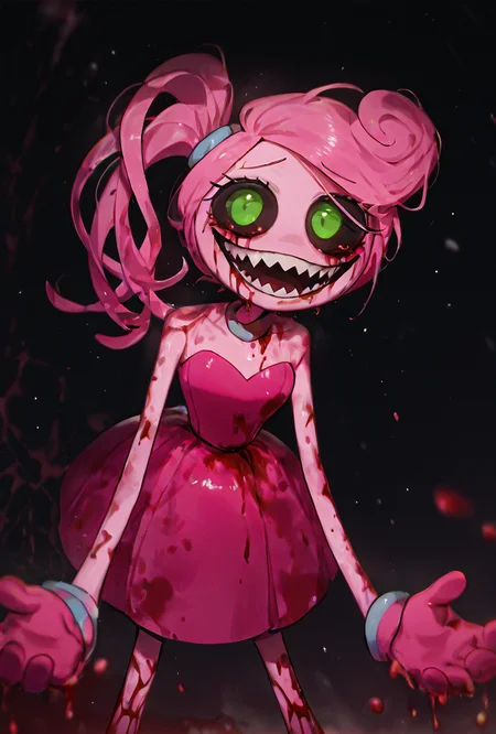 <lora:mmylnglgs-10:1> mmylnglgs, pink hair, 1girl, big smile, green eyes, pink skin, pink gloves, side ponytail, long limbs, round head, dynamic pose,   <lora:WSSKX_WAI:1> no pupils, black sclera, bleeding from eyes, horror, sharp teeth, far away,, masterpiece, best quality, amazing quality, very aesthetic, absurdres, newest,