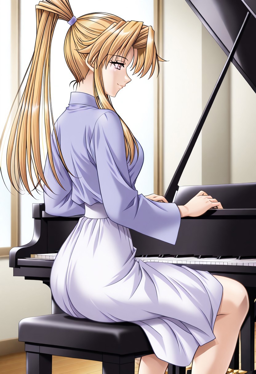 masterpiece, best quality, newest, highres, uncensored, 1girl, yokota mamoru style,1girl, slender face，motion lines, ,Kitagawa Junko,Honey Blonde Hair, Ponytail, Waist Length Hair,Amber Eyes,slim
1girl, instrument, solo, piano, playing instrument, sitting, music, grand piano, long sleeves, long hair, blue eyes, indoors, profile