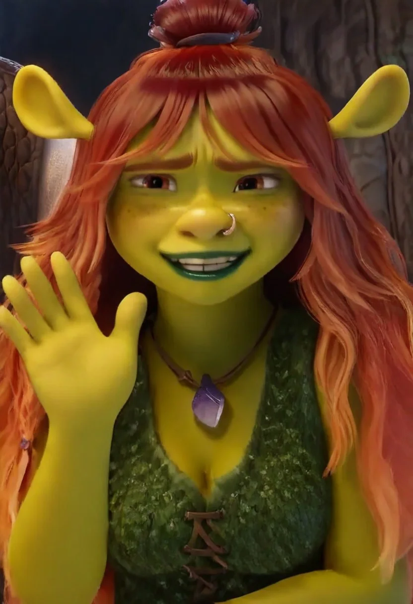 felicia_shrk5, 1girl, female ogre, green skin, red hair (long hair, single hair bun), shrek ears, amber eyes, nose piercing, freckles, green lipstick, buckteeth, purple crystal necklace, dark green sleeveless top (moss), pocket belt, short brown pants, chubby, plump,
score_9_up, score_8_up, score_7_up, looking at viewer, smiling, smug, waving at viewer, hand up, female focus, ultra detailed, detailed background, swamp, masterpiece, best quality, 8k, Expressiveh, realistic, 3d, easynegative