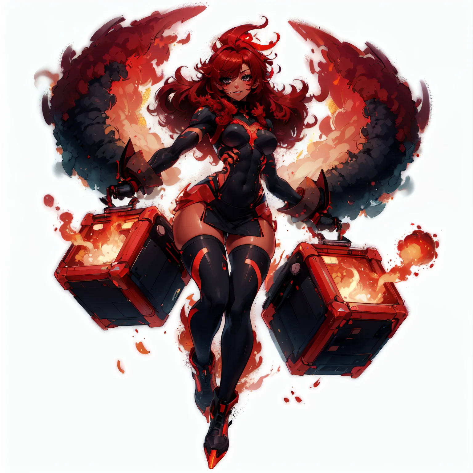 (simple background:1.2), ( white background:1.2),  full body,looking at viewer, scifi,(monster girl:1.1),monster girl, happy, dark skin, muscular, medium breasts, petite, 1girl, black EYES, red hair, suit, miniskirt, multicolored skin,
lifting a giant cube, colored skin, long hair, black strands, red hair, <lora:worldoffire:0.8>, worldoffire,