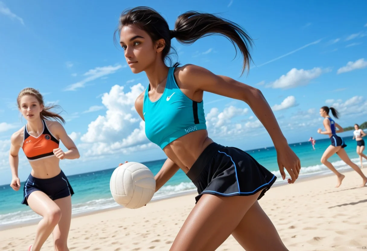 1girl, Masterpiece, 8k, ultra high detail, score_9, score_8_up, score_8, medium breast size, sporty long deepblack ponytail hair, fcNeg, stunning green eyes, native american skin, tan skin, small nose, innocent beauty, cute face, athletic body, perfect body, extreme detailed body, perfect face, ultra high detailed face, perfect eyes,
Sideview,
Sport clothes, sport top, sporty skirt, running, active Sport, playing Beachvolleyball,