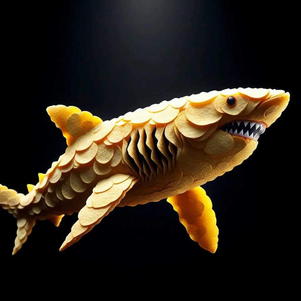 A photorealistic image of a scaly shark made out of potato chips, intricate details, dramatic composition, tension, contrast, texture, realism, high quality, stunning art, volumetric lighting, detailed, intricate, simple black background,