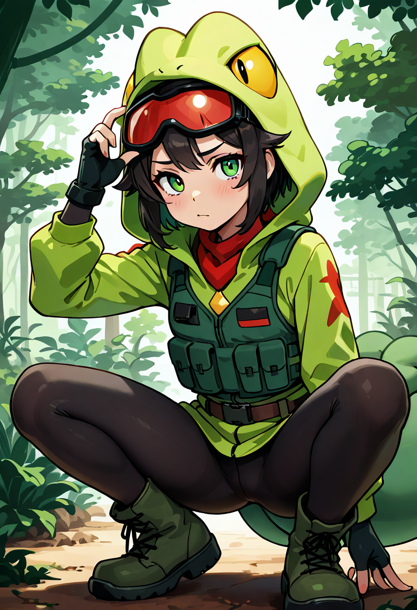 masterpiece, best quality, 1girl, solo,    zzTreecko,   ,<lora:TreeckoPokedex_IXL:1.0>,   1girl, solo, green hooded jacket, red inner lining, leaf-shaped shoulder flaps, utility vest, tight black leggings, fingerless gloves, boots, urban jungle, crouching pose, tactical belt, green eyes, short hair, digital goggles She wears a lightweight, jungle-green jacket with subtle leaf patterns and red accents on the inside of the hood. A tech-vest overlays the torso, hinting at her agile scouting role. Her sleek black leggings and boots are built for speed, and red goggles sit atop her head. Her outfit mimics Treeckoâs lean, ready-to-leap form.