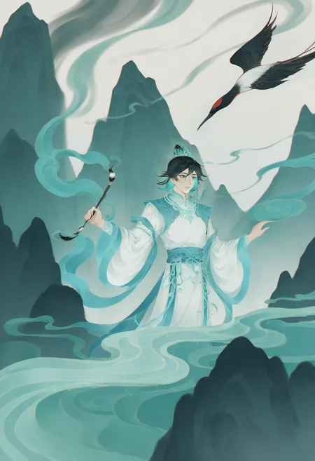 Prompt: Wuhua Mixin, qian li jiangshan tu \(wuhua mixin\), 1boy, aqua eyes, aqua hair, bird, black hair, calligraphy brush, chinese clothes, chromatic aberration, closed mouth, colored inner hair, crane \(animal\), hair between eyes, hanfu, holding, holding calligraphy brush, holding paintbrush, long sleeves, looking at animal, male focus, mountain, multicolored hair, paint splatter, paintbrush, painting \(action\), ripples, robe, short hair, smile, solo, upper body, white robe, wide sleeves.,
Negative prompt: nsfw, worst quality, old, early, low quality, lowres, signature, username, logo, bad hands, mutated hands, mammal, anthro, furry, ambiguous_form, feral, semi-anthro, bad anatomy, bad proportions, extra limbs, extra digit, extra legs, disfigured, missing arms, too many fingers, fused fingers, missing fingers, unclear eyes, watermark, nail polish, nail, multicolored nails, speech bubble, ai-generated,
Size: 832x1216,
Seed: 2245511222,
Model: noobaiXLNAIXL_epsilonPred11Version,
Steps: 30,
Sampler: ,
KSampler: euler_ancestral,
Schedule: simple,
CFG scale: 4.5,
Guidance: 3.5,
VAE: Automatic,
Denoising strength: 0.25,
Clip skip: 2,
LoRA: mythforill-000207:0.95,
Hires resize: 1248x1824,
Hires steps: 20,
Hires upscaler: 4x-AnimeSharp