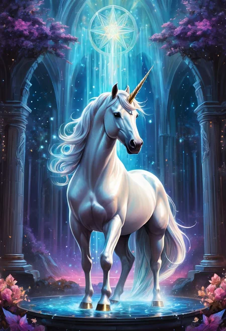 Create a mesmerizing artwork featuring a majestic unicorn surrounded by a magical aura, exuding an air of mystique and enchantment. The unicorn's iridescent horn gleams with a radiant light, casting a spellbinding glow upon its surroundings. The scene is infused with seapunk elements, blending fantastical marine motifs with futuristic aesthetics. The unicorn, a fantastic and ethereal creature, stands tall and proud, embodying grace and power. The artwork captures the essence of a beautiful and captivating artist rendering, reminiscent of the mesmerizing style of Anne Stokes. Alexandria Ocasio-Cortez, a symbol of strength and resilience, is depicted in a fantasy MMO setting, surrounded by a world of magic and wonder.