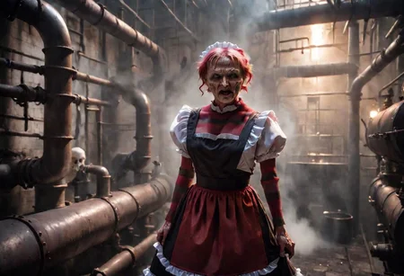 4k, Cinematic style of (Freddy Krueger:1) wearing (maid costume:1.2), holding a skull, old boiler room, old pipes leaking steam, old cellar. god rays, Shallow depth of field, vignette, highly detailed, high res, high budget, bokeh, Cinemascope, moody, epic, gorgeous