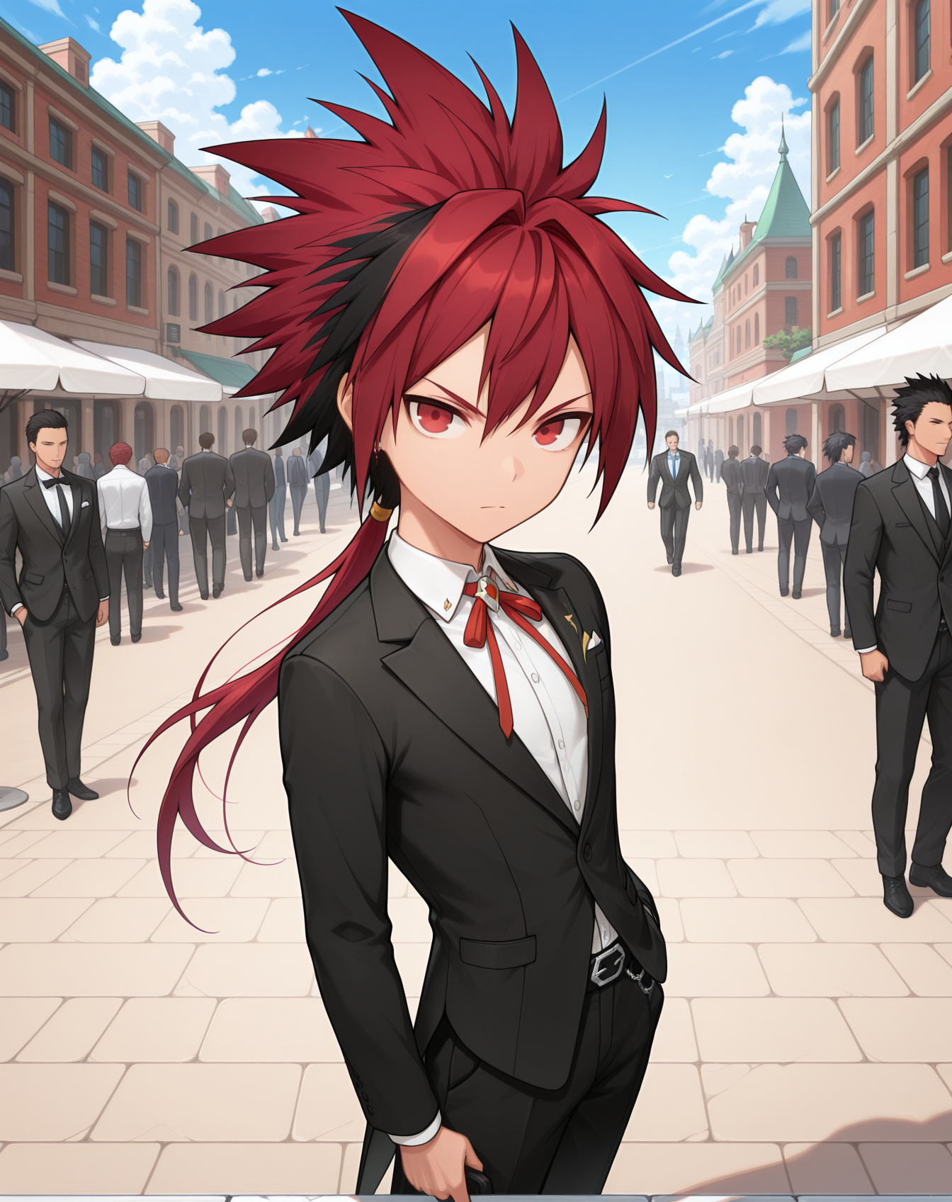masterpiece,best quality,amazing quality, newest, very aesthetic, absurdres,
1boy, solo, yaoi, male focus, looking at viewer, cowboy shot, standing,
<lora:Elsword_Infinity_Sword_ilxl:1> elswordis, red hair, red eyes, spiked hair, two-tone hair, ponytail, long hair, black hair, multicolored hair,
formal, tuxedo, neck ribbon, white shirt, collared shirt, black pants, shoes, black footwear, suit jacket, black jacket,
outdoors, day, blue sky, building, people,