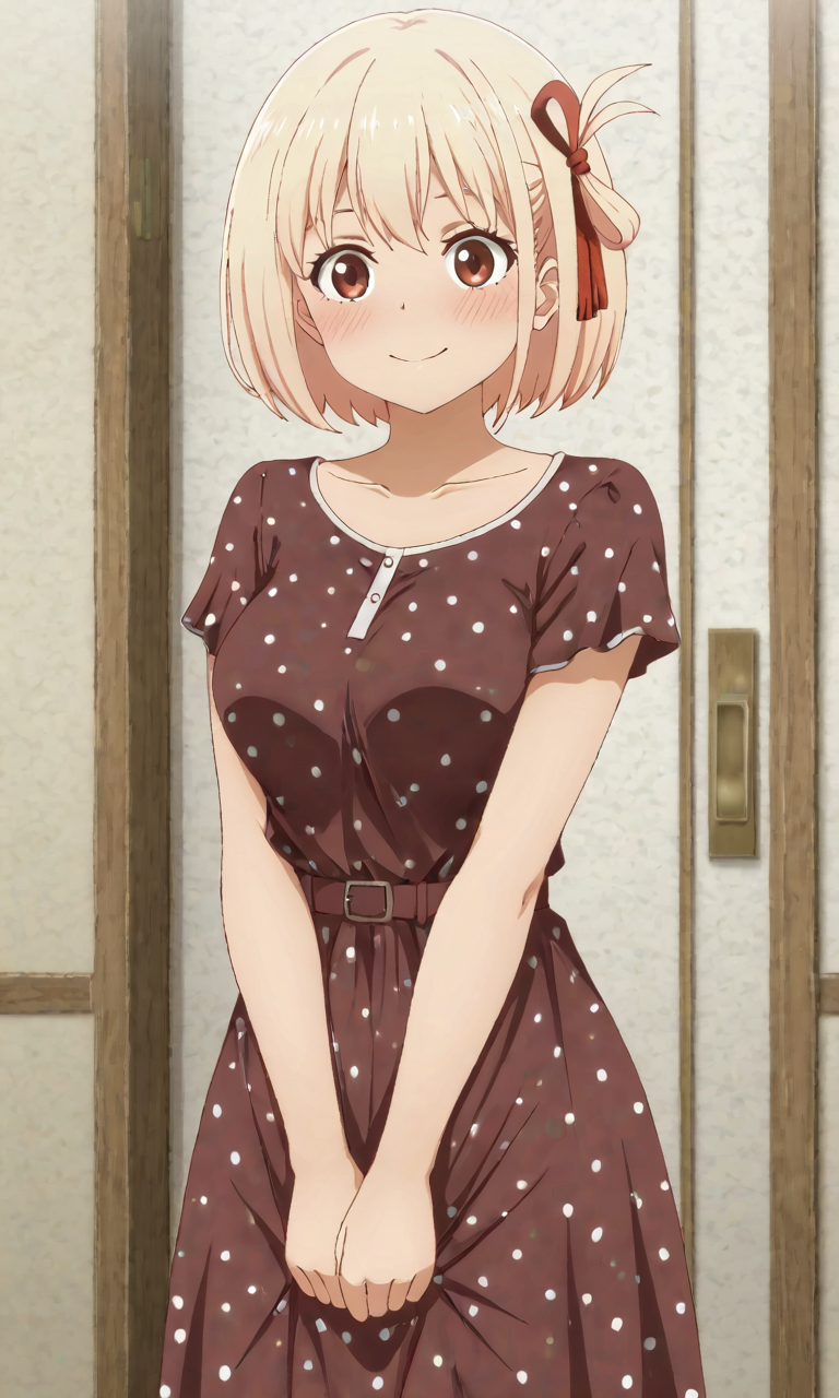 masterpiece, cute, lovely, (best quality:1.3), (amazing quality:1.3) ,very aesthetic, 1girl, solo, blush, (medium breasts:1.2), face satisfied, (Poa_Mellhen_Style), nishikigi chisato, short hair, bangs, blonde hair, red eyes, hair ribbon, one side up, bob cut, mature female, breasts, anime screencap ,BREAK, dress, polka dot dress, brown dress