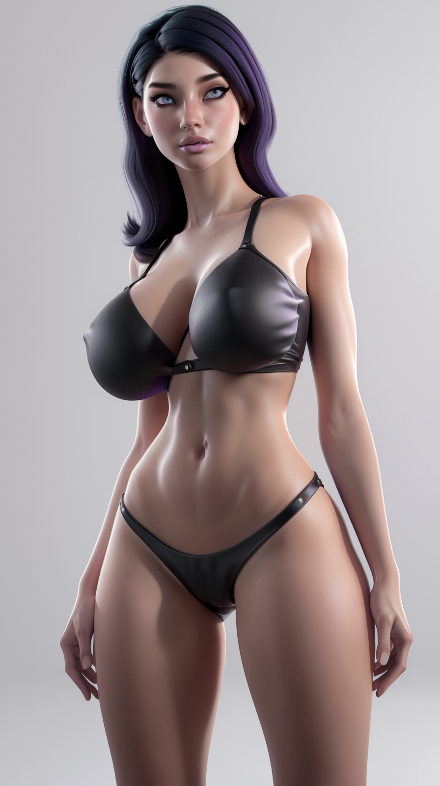 <lora:M1r0-V2:0.8>  1girl. ((black bikini)), ((purple and black hair)), perfect hands, big breast, wide hips, thick thighs,  looking at viewer, ultra realistic digital art, a 3D render, photorealism, clean scene, white background, white wall, shinny floor, white floor