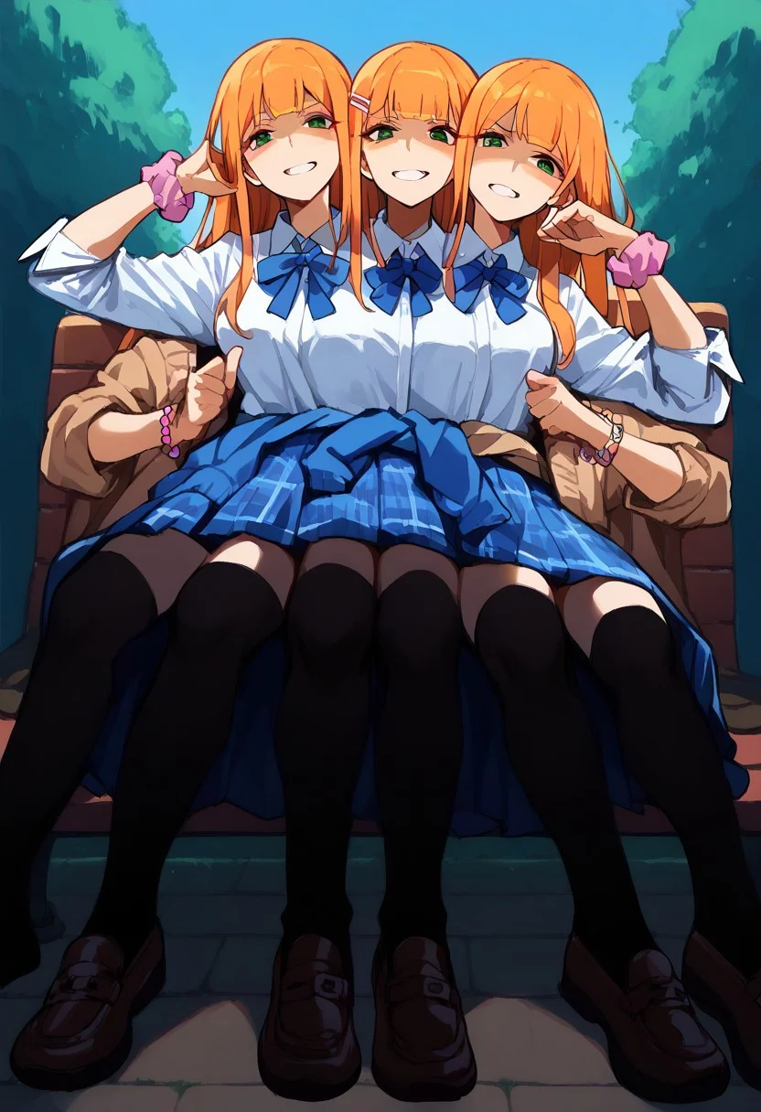 ((8arms, 4heads, trileg, six legs)), leg focus, score_9, score_8_up, score_7_up, score_6_up, score_5_up, score_4_up, shiunsumika, orange hair, blunt bangs, hairclip, straight hair, very long hair, green eyes, gyaru, heart necklace, neck ribbon, blue ribbon, collared shirt, white shirt, sleeves rolled up, pink scrunchie, wrist scrunchie, bead bracelet, brown cardigan, sweater around waist, blue skirt, plaid skirt, school uniform fully clothed, casual, sitting on bench,  slender legs, outdoors , park, (looking at the viewer), frowning, angry, disgusted face, shaded face, (from below),(((black thighhighs))), [shadows], light rays, Expressiveh