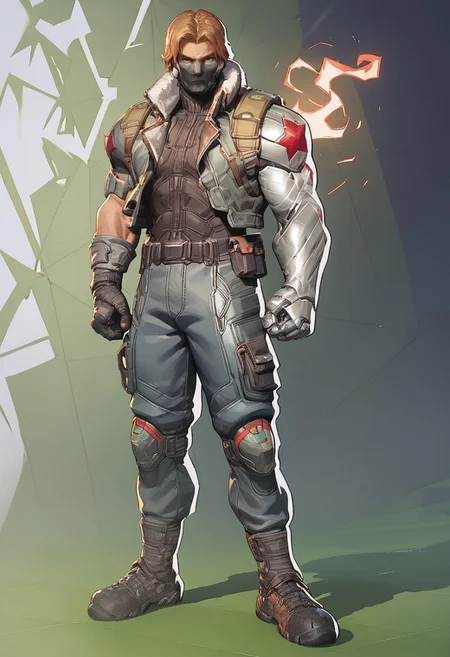 score_9, score_8_up, score_7_up, Winter soldier, static pose, full body view, metallic arm, metal arm