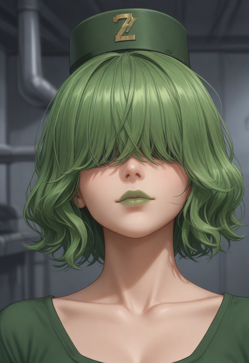 1girl, solo, solo focus, highres, absurdres, CL_Levit, long bangs, hair over eyes, green hair, lipstick, shiny lips, green lips, short hair, wavy hair, tiny hat, mole under mouth, 
looking at viewer, closed mouth, light smile, close-up, face focus,
factory, industrial pipe, stasis tank, dark,