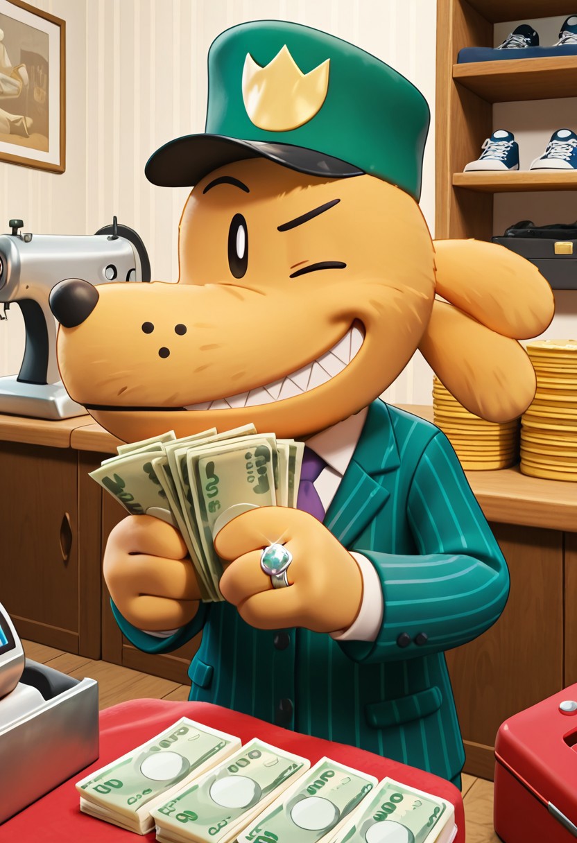 masterpiece, best quality, amazing quality, rendered, illustration, highres, detailed, dogman, ((long stack)), solo, black eyes, beige fur, dog ears, ring, formal, hat, green headwear, necktie, suit, striped, looking at viewer, sneakers, standing, tailoring workshop, a big table, sewing machine, holding wad of bills in his hands, holding wad of dollars in his hands, detailed dollars, detailed bills, thumbs up, one eye closed, grin, smile, money, holding money, portrait, cropped torso, detailed background, shelves with fabric in the background, toolbox on the floor, <lora:dogman_Illustrious_Mlaofmd-10_1174849:1.0>,
