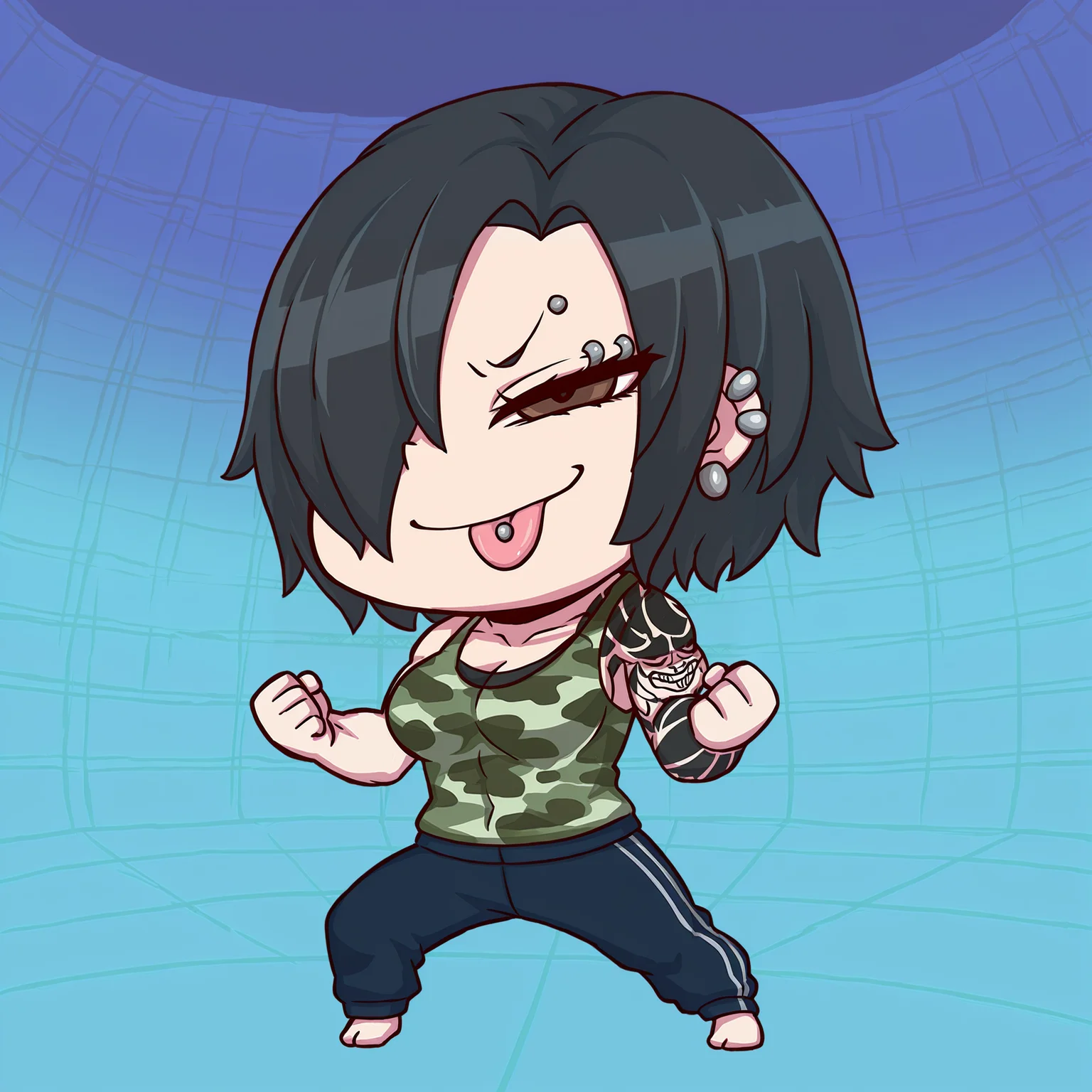 masterpiece, best quality, ultra-detailed, highest quality, official art, absurdres, latest, very awa, very aesthetic, detailed shading, (detailed background, complex background), amazing quality, intricate, hyper-detailed, excellent, latest,<lora:FGO_April_Fool:1>, april fools, chibi,1girl, solo, full body, <lora:Mizobuti_Yuko:1>, yuk0mma, black hair, short hair, hair over one eye, hannya arm tattoo, abs, muscular, brown eyes, large breasts, ear piercing, tongue piercing, eyebrow piercing, camouflage tank top, track pants, bare feet, fighter stance, mma background, tongue out, smile, smug