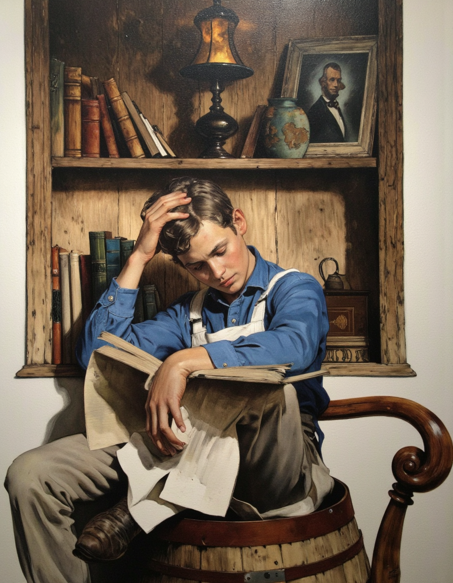 Art by Norman Rockwell. A painting of a man sitting on a wooden barrel, reading a book with a contemplative expression. the man, who appears to be in his early twenties, is seated in the middle of the image, with his upper body facing the viewer. he has short, dark hair and is wearing a blue, long-sleeved shirt with a white apron draped over his shoulders. his eyes are closed, and he is holding a book in his hands, with one hand resting on his head. his expression is thoughtful and contemplative, as if he is lost in thought. the background is a plain white wall with a wooden shelf behind him, filled with books, a lamp, and a photograph of Abraham Lincoln. the lighting is soft and warm, casting gentle shadows on the man's face and body. the style is realistic with a touch of realism, and the colors are muted, giving the image a sense of depth and atmosphere.
