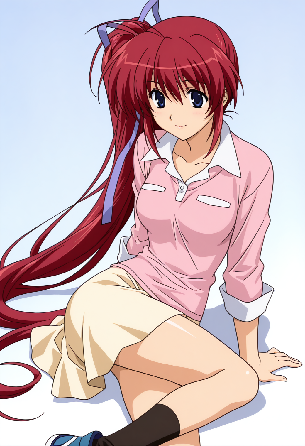 masterpiece, best quality, very aesthetic, absurdres, 1girl, solo,
<lora:takase_mizuki_v01:0.9>, takase_mizuki, mizuki_casual4, red hair, very long hair, ahoge, side ponytail, blue eyes, breasts,
purple hair ribbon, pink shirt, long sleeves, yellow skirt, black socks, blue sneakers, smile, posing