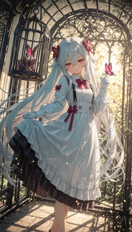1girl, solo, long hair, looking at viewer, smile, shirt, skirt, long sleeves, hair ornament, red eyes, dress, holding, ribbon, hair between eyes, closed mouth, jewelry, very long hair, white shirt, white hair, frills, puffy sleeves, hand up, white gloves, pink eyes, white dress, red bow, red ribbon, suspenders, bug, butterfly, high-waist skirt, skirt hold, suspender skirt, cage, birdcage, butterfly on hand <lora:HandFixer_pdxl_Incrs_v1:0.5> <lora:None:1.0> <lora:deadpuritySDXLvpred10-step00002300:0.30000000000000004> <lora:Kantoku_Style_for_Illustrious:0.8000000000000002> <lora:banpaiAkiraOSXL_NBVP1_lokr_V6311P:0.30000000000000004> <lora:WSSKX_WAI:0.30000000000000004> <lora:Aura_Phantasy&Shiiro's_Styles-Illustrious:0.30000000000000004> <lora:åå¡ã__ATNR_STYLE-Illustrious:0.05000000000000001> <lora:r17329_illuu:0.05000000000000001> <lora:il_saturation_slider_d1:-0.5000000000000001> <lora:il_color_temp_slider_d1:-1.0000000000000002>