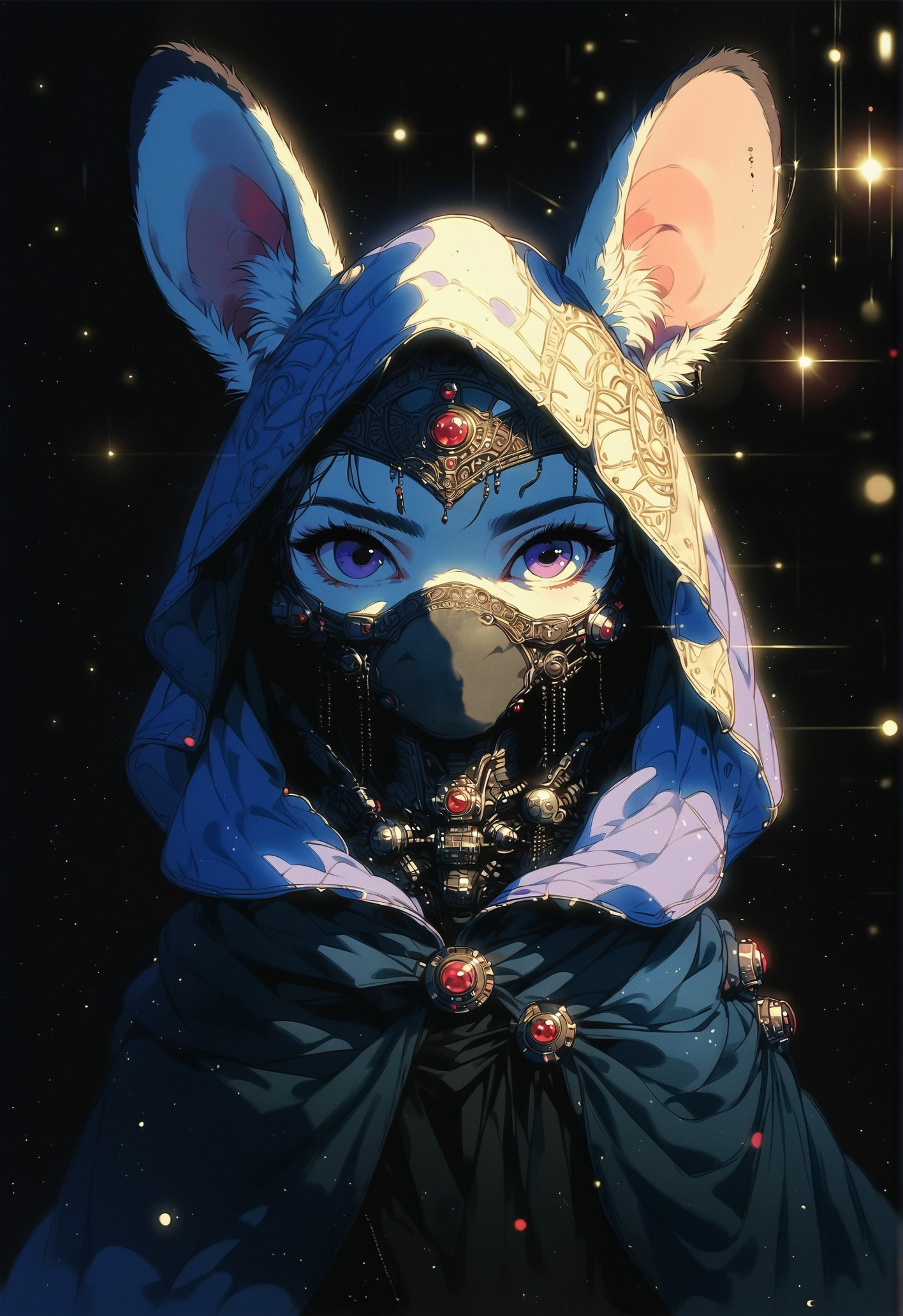 score_9, score_8_up, score_7_up, score_6_up, score_5_up, score_4_up, source_furry, feral, furry, judy hopps, mouse ears, cape, partially illuminated, dark, twilight, fine details, dramatic lighting, lens flare, magical, veil, ethereal, rim lighting, cyberpunk, cloak, hood, nomad, black background