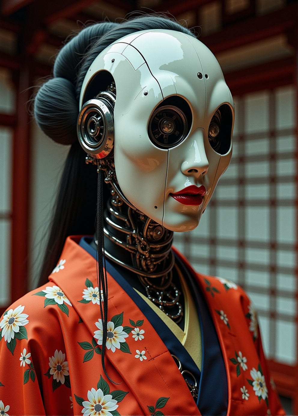 <lora:ck-Neurocore-Realistic-Cyborgs:1> woman Geisha is an android, the plastic cyborg mask is open, the mechanical parts of the robot are visible inside, the android is very sinister and dangerous, from the epic movie Ghost in Armor, erie japanese teahouse background, (style by George Shaw), shallow depth of field, vignette, (Fujicolor Superia X-TRA 400),