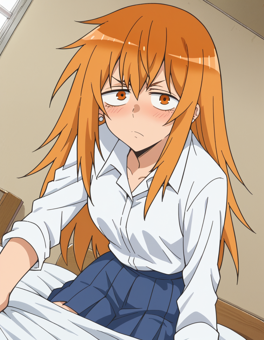 score_9, score_8_up, score_7_up, source_anime,
makigamou, <lora:maki-gamou-s1s2-ponyxl-lora-nochekaiser:1>,
maki gamou, long hair, orange hair, orange eyes, sanpaku,
skirt, shirt, jewelry, school uniform, white shirt, pleated skirt, earrings, blue skirt,
indoors, bed, bed room, on side, blush, drunk,
looking at viewer, cowboy shot, solo, dutch angle,