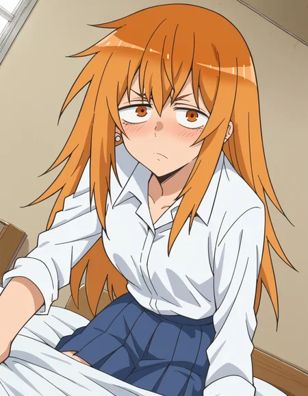 score_9, score_8_up, score_7_up, source_anime,
makigamou, <lora:maki-gamou-s1s2-ponyxl-lora-nochekaiser:1>,
maki gamou, long hair, orange hair, orange eyes, sanpaku,
skirt, shirt, jewelry, school uniform, white shirt, pleated skirt, earrings, blue skirt,
indoors, bed, bed room, on side, blush, drunk,
looking at viewer, cowboy shot, solo, dutch angle,