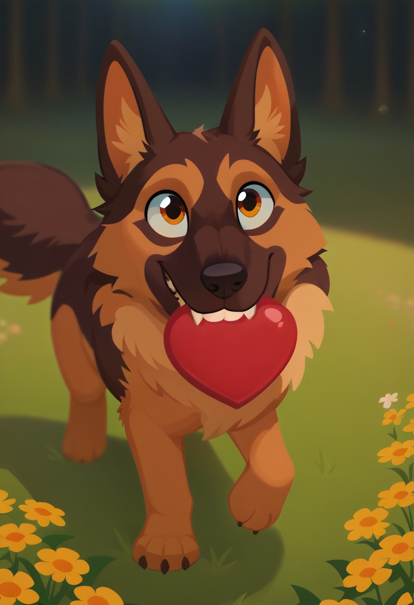score_9, score_8_up, score_7_up, bokeh, flat colors, lineless, vector art, vector graphics, z0nkp4nch, cute, feral, male, canine, german shepherd, happy, fluffy, pounce postution, flower field, holding heart in mouth, teeth, from above,