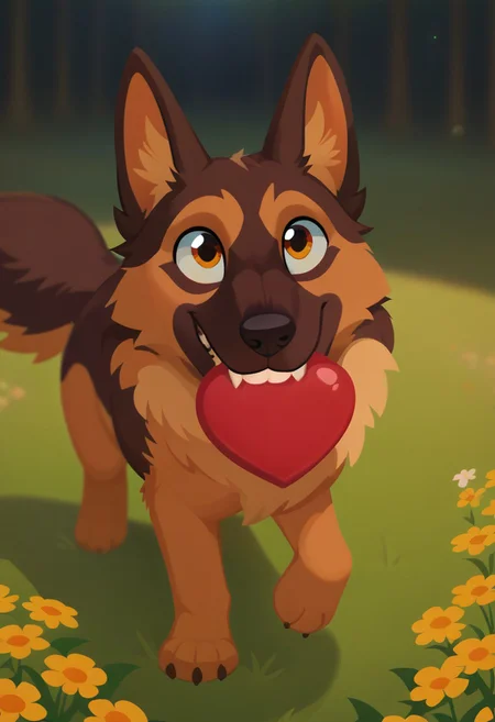 score_9, score_8_up, score_7_up, bokeh, flat colors, lineless, vector art, vector graphics, z0nkp4nch, cute, feral, male, canine, german shepherd, happy, fluffy, pounce postution, flower field, holding heart in mouth, teeth, from above,
