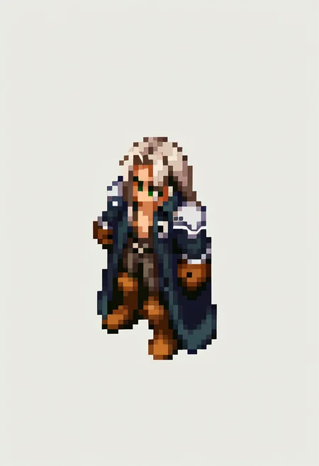 score_9, score_8_up, score_7_up, source_anime, BREAK, solo, 1boy, <lora:FFT-SpritesV2-pdxl_Fp:1>, looking at viewer, from side, full body, standing, solid oval eyes, no mouth, no nose, pixel art, <lora:FFVII_Sephiroth_V1.0:1>, sephiroth, official outfit grey hair, long hair, very long hair, parted bangs, armor, open clothes, shoulder armor, long sleeves, pectorals, black jacket, jacket, black gloves, high collar, long bangs, black coat, green eyes,