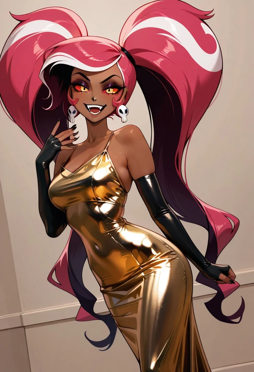 masterpiece, best quality, amazing quality, score_7_up, score_8_up, score_9_up,
dynamic angle, dynamic lighting, cartoon,
1girl, velvette \(hazbin hotel\), velvette, dark eyeshadow, red sclera, pink hair, two-tone hair, twintails, long hair, skull earrings, colored skin, dark skin, brown skin, fangs,
gold dress, fingerless gloves, elbow gloves, detached sleeves,
sexy pose, looking at viewer,
indoors, dark lighting, fashion dolls