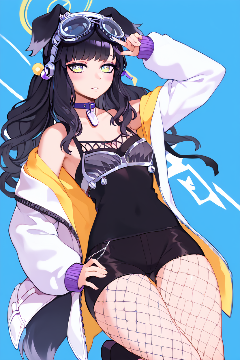 score_9, score_8_up, score_8, medium breasts, (curvy), cute, eyelashes,       BREAK, , ,,, zzHibiki, yellow eyes, black hair, long hair, animal ears, dog ears, dog tail, halo, (black shirt), white jacket, open jacket, black shorts, boots, fishnet pantyhose, off-shoulder, dog tags, purple eyes, <lora:Hibiki_BlueArchive_PDXL_v2:0.8>,   ,,,, BREAK, solo, thighhighs, navel, jewelry, medium breasts, cowboy shot, earrings, parted lips, shorts, choker, midriff, armor, short shorts, skindentation, black choker, shoulder armor, ,,, abstract background,  ,,, hand on hip, ,,, embedding:zPDXL, Expressiveh, ,,, <lora:Halphelt_PDXL-000008:0.8>, <lora:Uncensored_PonyXL_cpt_v02.09:0.4>, <lora:Expressive_H-000001:0.4>,