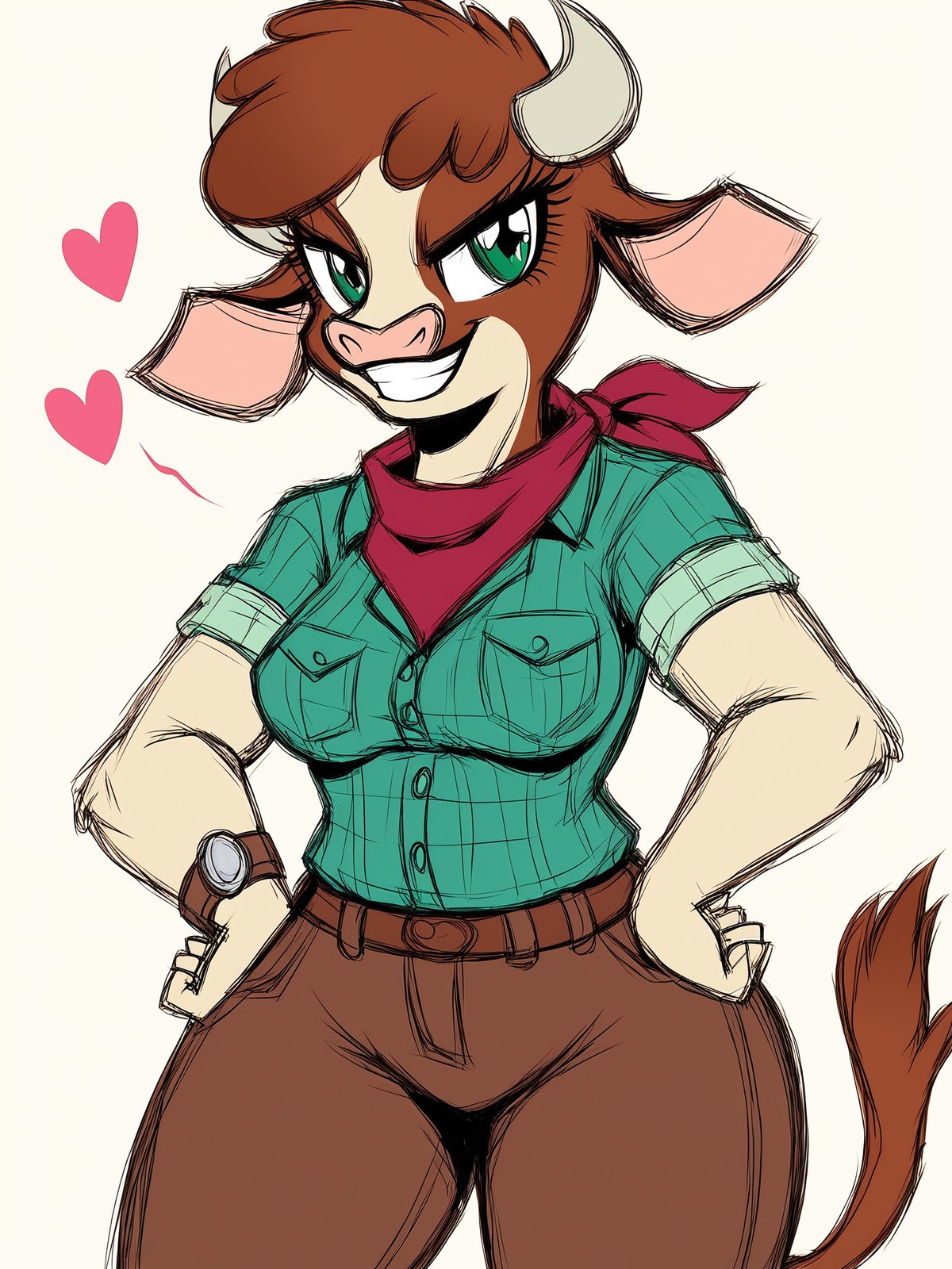 score_9,score_8,source_furry,
<solo:1.5>,
<1girl:1.5>,
arizona_fherds,
cow_girl,
1girl,
furry,
furry female,
solo,
breasts,
green eyes,
horns,
tail,
smile,
medium breasts,
brown hair,
animal ears,
snout,
tonned,
tonned body,
cow horns,
looking at viewer,
grin,
cow tail,
cow ears,
thick thighs,
teeth,
anthro,
cow girl,
furrification,
<simple background:1.5>,
<white background:1.5>,
<lora:Arizona_Fherds_Pony_SDXL:1> arizona_fherds,  
<lora:90s4n1m3XLP:1.25> 90s4n1m3, happy,
smile,
teeth,
tongue