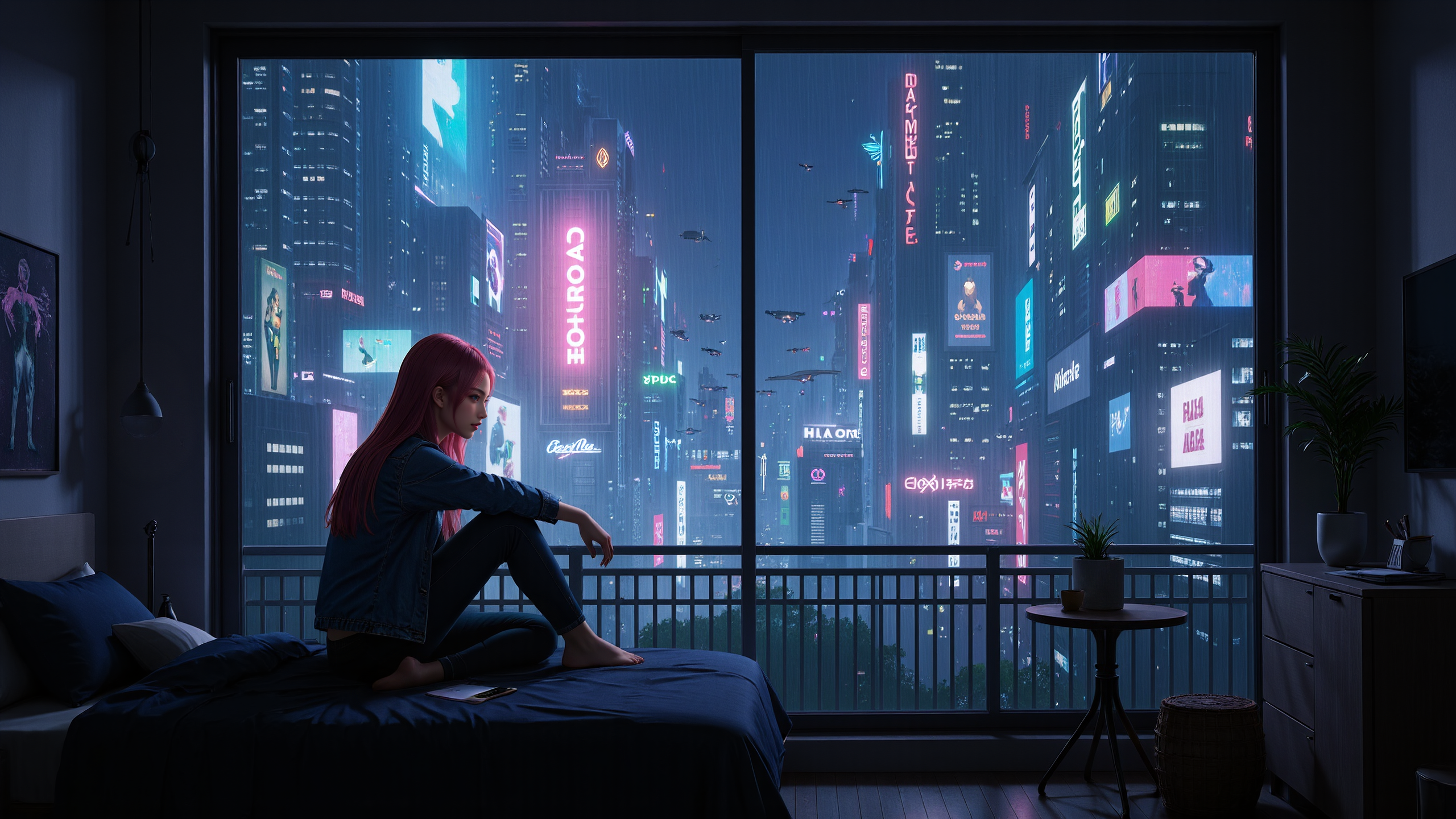 A dimly lit room bathed in the neon glow of a sprawling cyberpunk metropolis. A young woman with long pink hair sits on her bed,her back resting against the large window,gazing out at the endless cityscape. She wears a worn denim jacket draped over her shoulders,the faded fabric stitched with glowing cybernetic threads,a fusion of old-world style and futuristic technology. Her jeans are slightly torn,revealing hints of embedded circuitry beneath the fabric. In her hand,she absentmindedly plays with a small data chip,its faint blue light flickering between her fingers,though her mind seems far away,lost in the mesmerizing glow of the city outside.,
The window reveals a breathtaking viewâtowering skyscrapers adorned with holographic billboards,a labyrinth of neon-lit streets below,and airborne vehicles streaking through the sky like shooting stars. Gigantic digital advertisements shift and flicker,casting multicolored reflections on the rain-speckled glass. The streets are alive with people,cybernetic beings,and autonomous drones navigating the dense urban sprawl. The girlâs room is dim and clutteredâfaint LED lights illuminate scattered papers and a half-empty synthetic drink on a small metal nightstand. Her unmade bed is covered in crumpled sheets,a sign of restless nights in a city that never sleeps. She exhales softly,her breath fogging up the window for a moment before fading away,just like a dream lost in the neon haze.,<lora:yuukananri-base-02-flux:0.8>,yuukananri,she has a slender physique and a petite build,<lora:kcyberpunk-01:0.6>,kcyberpunk,