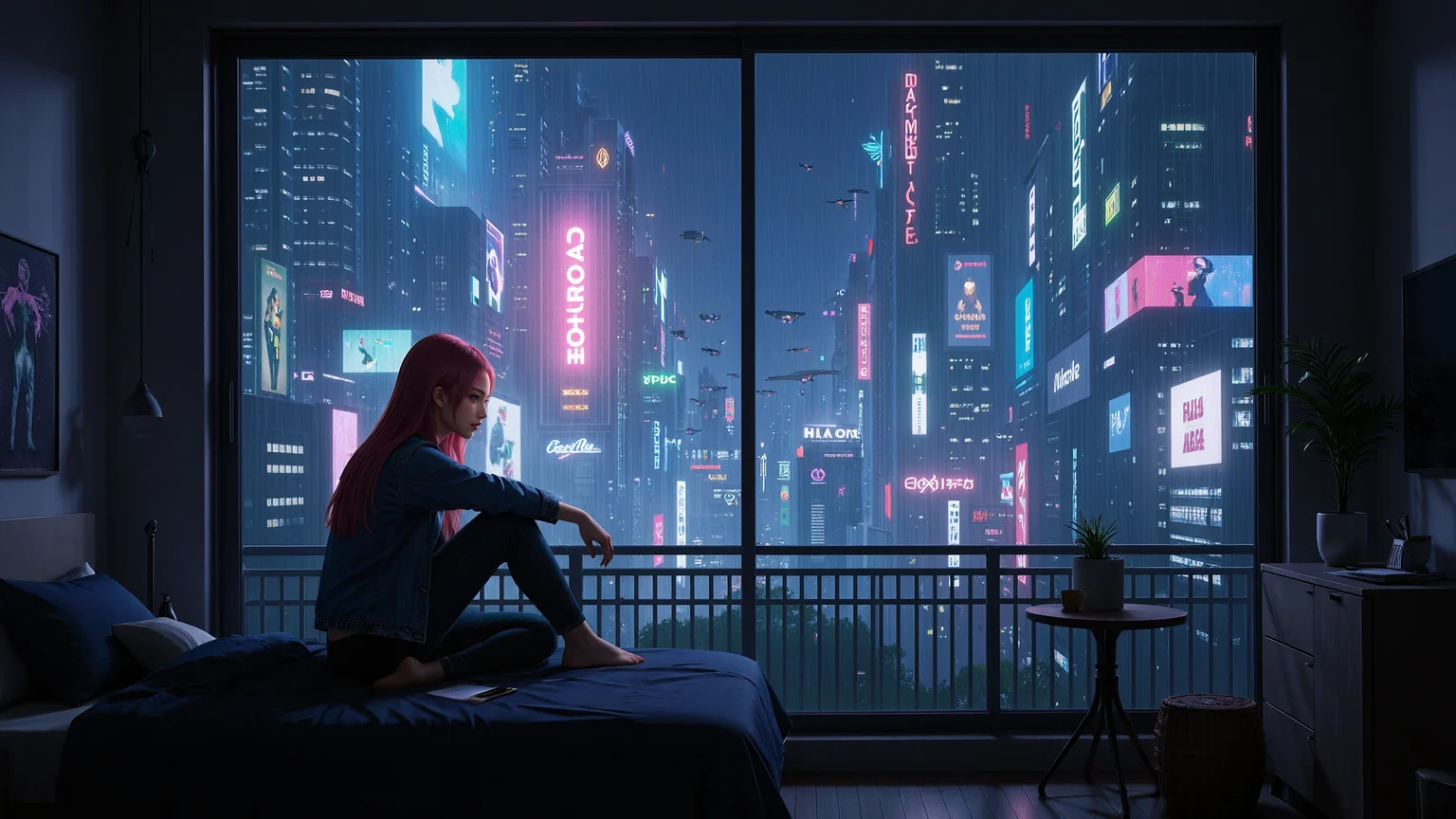A dimly lit room bathed in the neon glow of a sprawling cyberpunk metropolis. A young woman with long pink hair sits on her bed,her back resting against the large window,gazing out at the endless cityscape. She wears a worn denim jacket draped over her shoulders,the faded fabric stitched with glowing cybernetic threads,a fusion of old-world style and futuristic technology. Her jeans are slightly torn,revealing hints of embedded circuitry beneath the fabric. In her hand,she absentmindedly plays with a small data chip,its faint blue light flickering between her fingers,though her mind seems far away,lost in the mesmerizing glow of the city outside.,
The window reveals a breathtaking viewâtowering skyscrapers adorned with holographic billboards,a labyrinth of neon-lit streets below,and airborne vehicles streaking through the sky like shooting stars. Gigantic digital advertisements shift and flicker,casting multicolored reflections on the rain-speckled glass. The streets are alive with people,cybernetic beings,and autonomous drones navigating the dense urban sprawl. The girlâs room is dim and clutteredâfaint LED lights illuminate scattered papers and a half-empty synthetic drink on a small metal nightstand. Her unmade bed is covered in crumpled sheets,a sign of restless nights in a city that never sleeps. She exhales softly,her breath fogging up the window for a moment before fading away,just like a dream lost in the neon haze.,<lora:yuukananri-base-02-flux:0.8>,yuukananri,she has a slender physique and a petite build,<lora:kcyberpunk-01:0.6>,kcyberpunk,