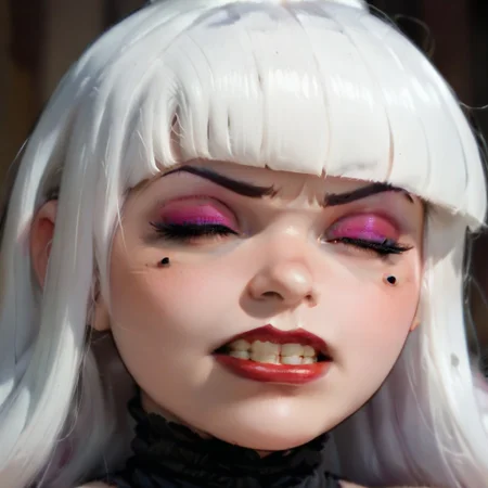Score_9, score_8_up, score_7_up, str4in, 1girl, solo, white hair, closed eyes, teeth, blunt bangs, makeup, bangs, mole, clenched teeth, mole under eye, eyeshadow