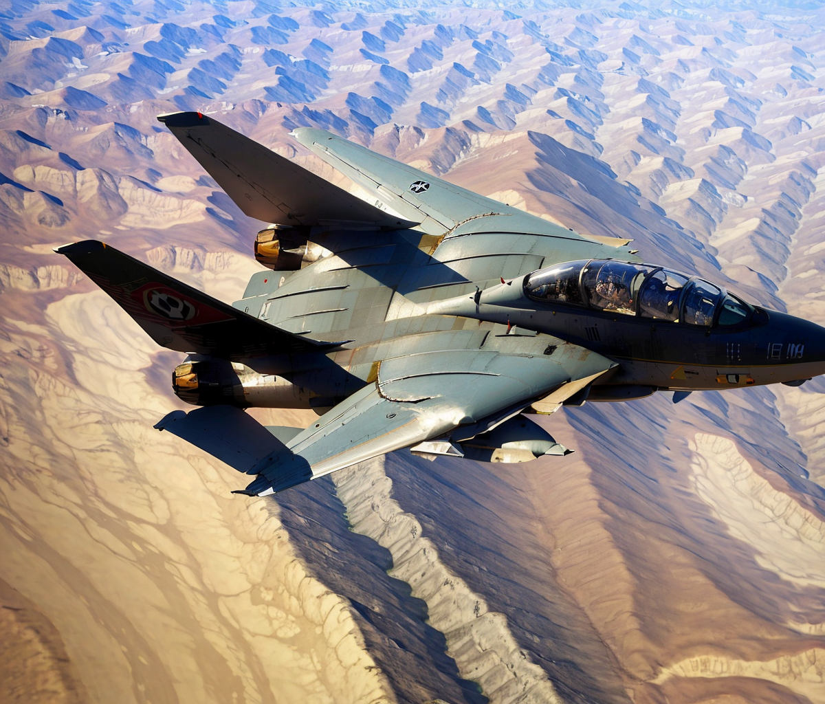 (masterpiece, best quality:1.2), ultra-detailed, F14 Jet, view from top over desert (realistic:1.5), <lora:EdobF14_v1.0:1>