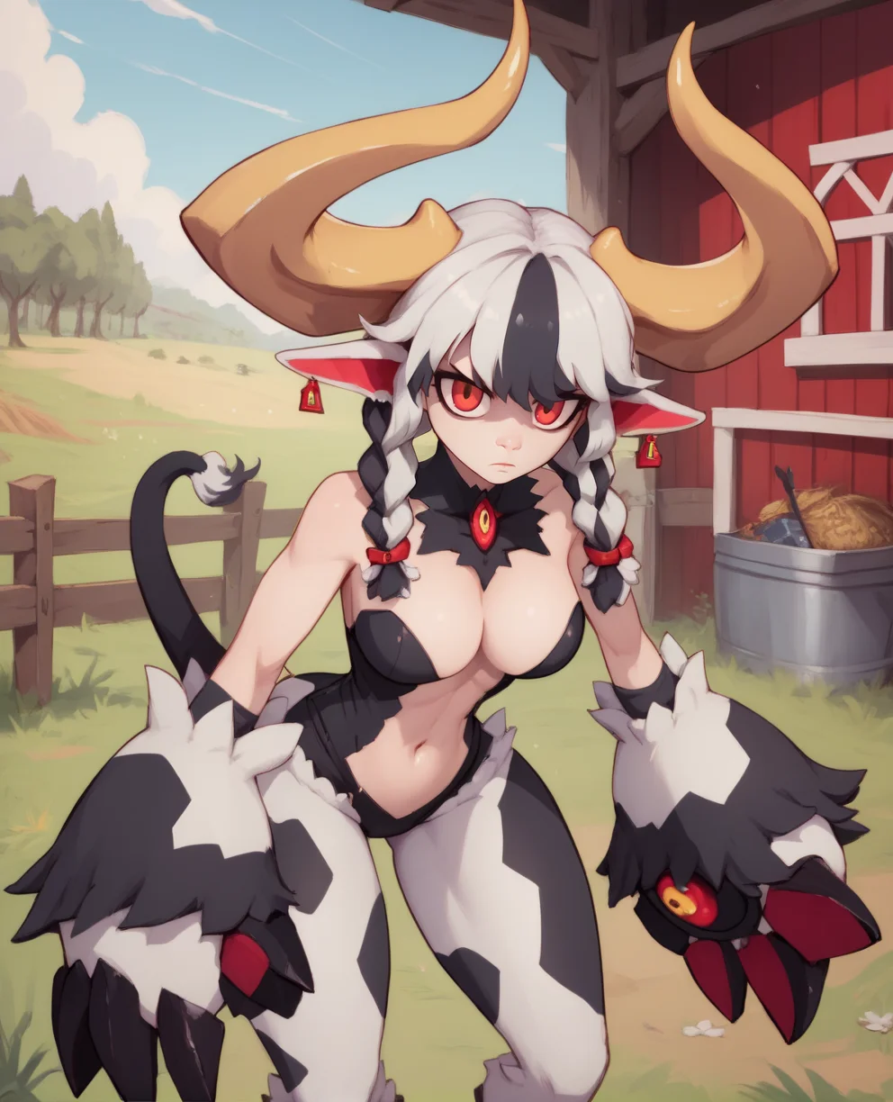score_9,score_8_up,score_7_up,score_6_up,score_5_up,score_4_up,
evleyxl,yellow horns,red eyes,cow ears,white hair,twin braids,bangs,leotard,
largeclaws,expressionless,cleavage,navel,clothing cutout,leaning forward,earrings,
standing,
outdoors,farm,solo,
<lora:evileye:1>,