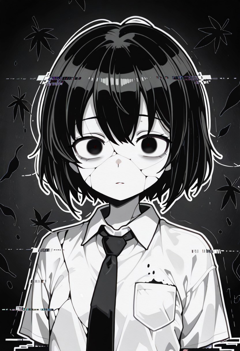 lazypos, character focused, anime girl, broken reality, glitch distortion, cracked screen, short hair, dark eyes, haunted expression, black leaves, monochrome style, ink outlines, white shirt, black tie, eerie atmosphere, digital noise, corrupted view, surreal composition, void background, horror aesthetic, glitch core, unsettling gaze, lkstyle