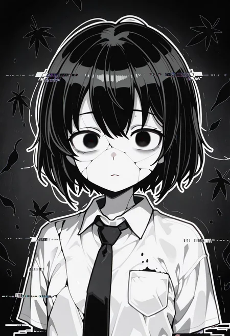 lazypos, character focused, anime girl, broken reality, glitch distortion, cracked screen, short hair, dark eyes, haunted expression, black leaves, monochrome style, ink outlines, white shirt, black tie, eerie atmosphere, digital noise, corrupted view, surreal composition, void background, horror aesthetic, glitch core, unsettling gaze, lkstyle