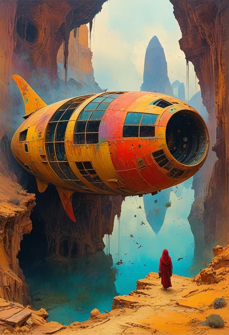 Dry riverbeds with rusting boats stand as silent monuments in a world drained of water. The composition includes beautiful, exotic, magical, surreal, Abstract, absurd, Ernest complex, golden ratio, Her porcelain body is richly decorated with intricate fruits patterns, (Crossing lands where magic and technology mix, discovering other realities and facing new challenges at every step, this adventure will also be a journey of self-discovery for him.)square spaceship , digital artwork by Beksinski, vibrant colors, epiCPhoto,  wander through the dust  panoramic, engagement that reaches across a digital landscape. the bridge cybergoth fashion dog accounts for a small part of the picture,  existences in the background, towering mountains loom, all interwoven to create a sense of rhythm and flow.