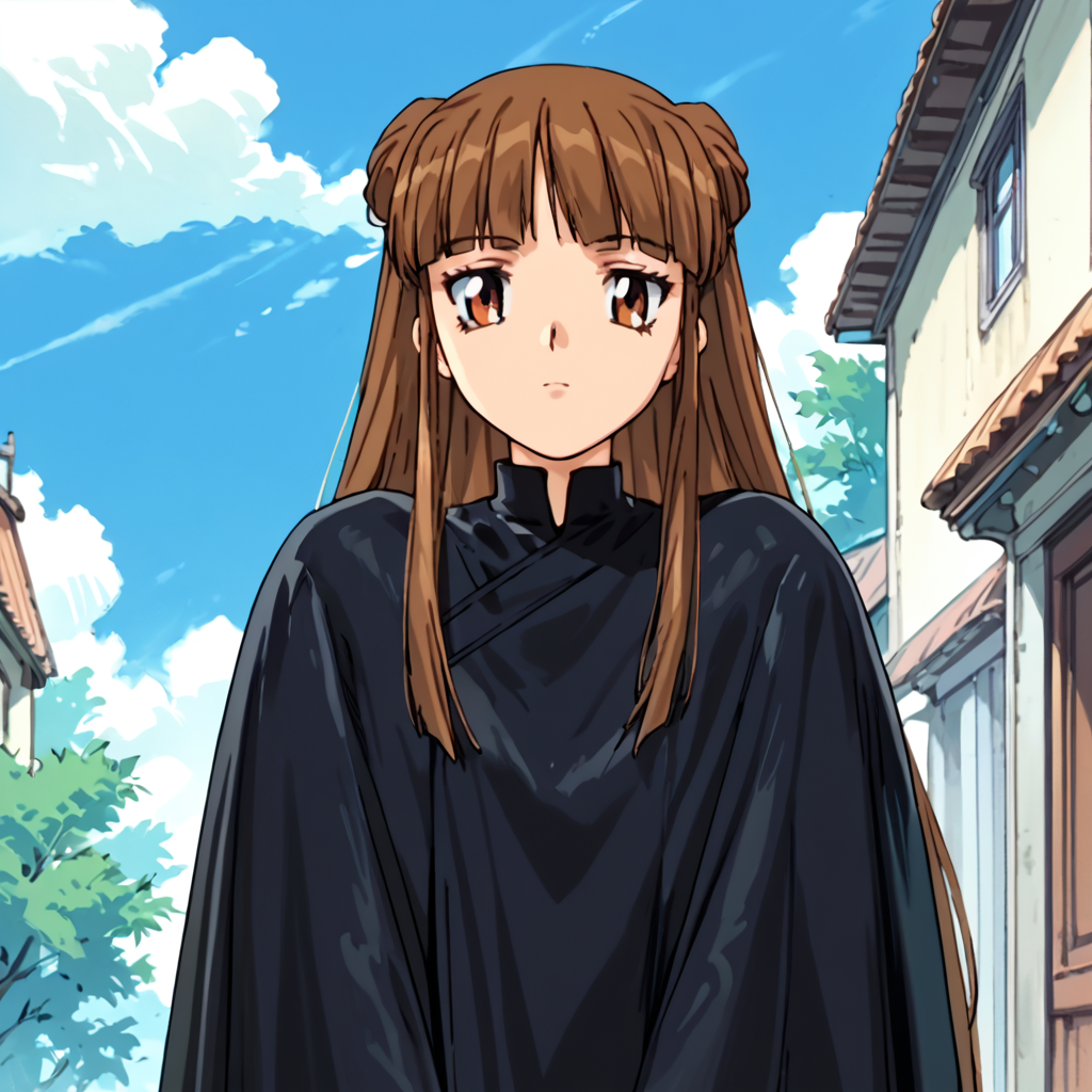 score_9, score_8_up, score_7_up, score_6_up, outdoors, <lora:Uruka_Sumeragi_ç_ããã_-_Steel_Angel_Kurumi_2_é¼éå¤©ä½¿ããã¿2å¼:1> uruka sumeragi, uruka, 1girl, solo, brown hair, long hair, blunt bangs, side locks, double bun, brown eyes, outfit-H, black cloak