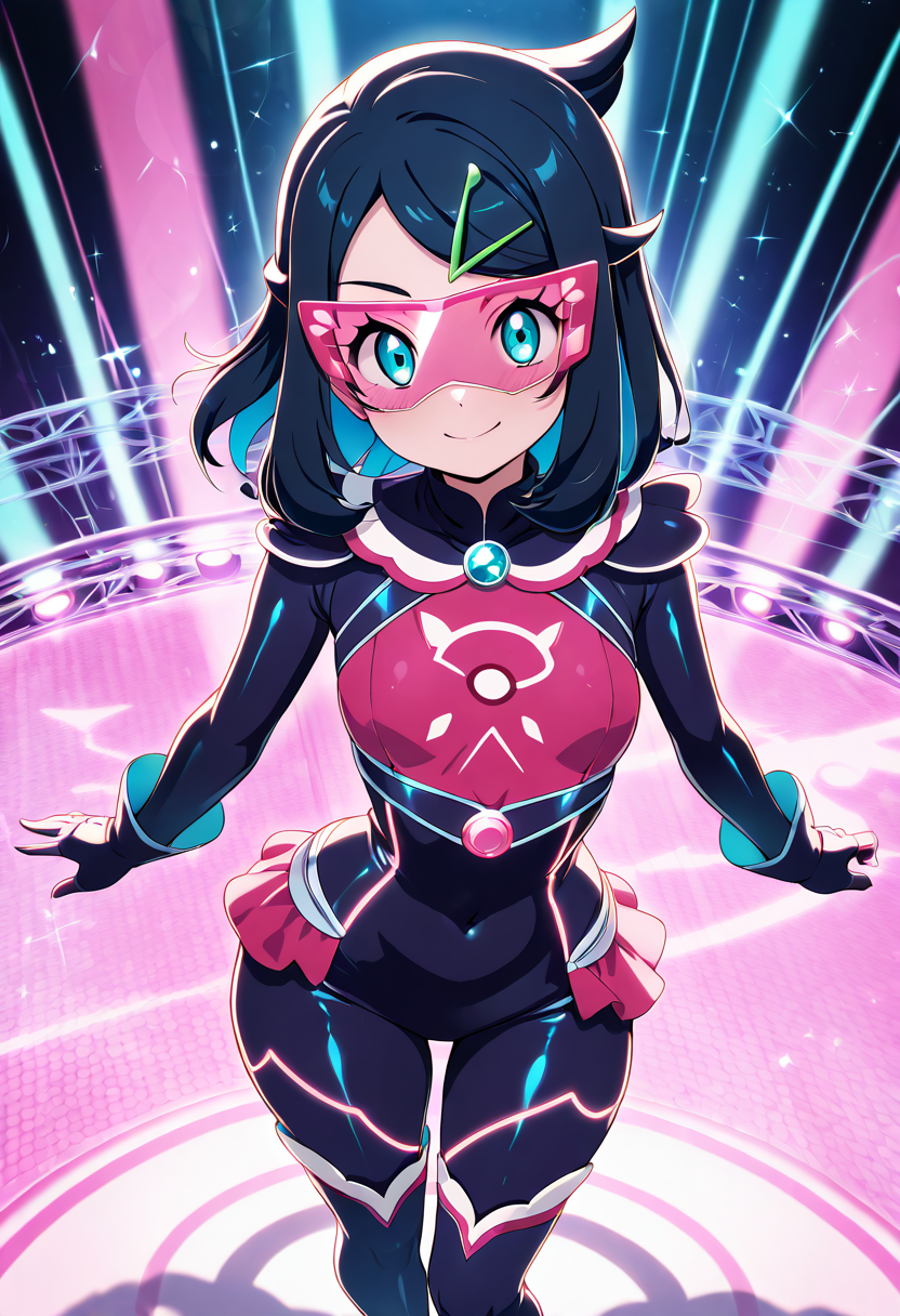 masterpiece, best quality, solo, curvy, beautiful eyes, narrow waist, wide hips, 1girl, solo, smile, looking at viewer, dynamic angle, foreshortening, close up,    liko (pokemon), pokemon, 1girl, blue eyes, aqua eyes, eyelashes, black hair, medium hair, blue hair, colored inner hair, hairclip,   ,<lora:LikoPokemonIXL:1.0>,  <lora:CitronKuroStyle_IXL:1.0>, [Cyber Idol Performer], <lora:LoveLiveSchoolIdolFestivalAllStarsNAI:0.5>, neon green and purple LED-lighted bodysuit with metallic panels, sleek visor with holographic reflections, knee-high boots with integrated lights, short angular hair in a bright neon color, performing on a futuristic stage with a digital backdrop of moving lights and geometric shapes,