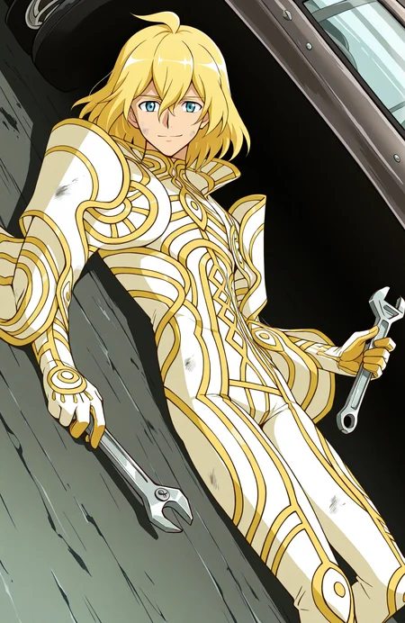zanza_outfit, 
1boy, solo,
dutch angle, lying, on floor, mechanic, under car, tools, holding wrench,
looking at viewer,
dirty, light smile,
anime style,
<lora:[Char - IL] Xenoblade - Zanza [+Clothes] (R1E14):1>