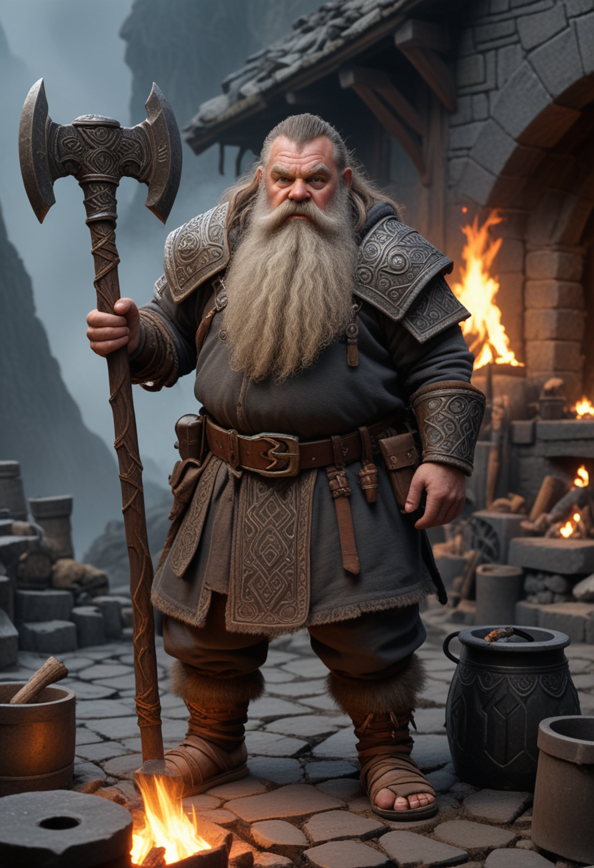 (medium full shot) of (fearless mountain dwarf) wearing a charcoal tribal garb, sturdy sandals, Grimy hazel beard, thick cloak, wielding a battle axe, set in  a grand forge, with massive furnaces, intricate machinery, skilled artisans, at dawn, Masterpiece,best quality, photo, realistic, very aesthetic, detailed face,