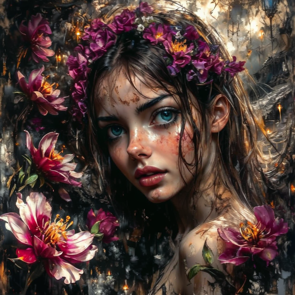 shamanqua beautiful girl in the garden among the flowers, very detailed, expressive, cinematic, darkness<lora:shamanqua:1>