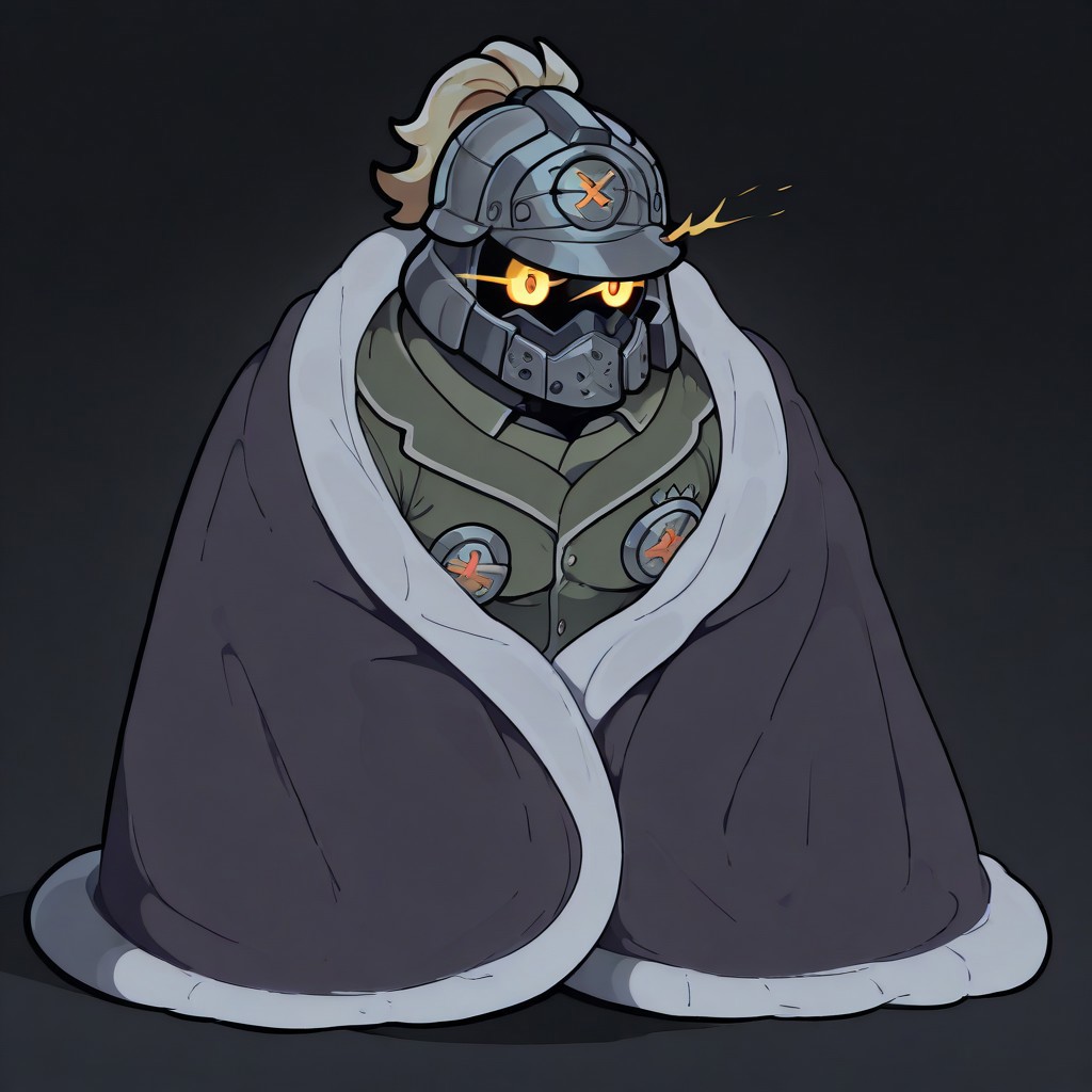 masterpiece, best quality, newest, absurdres, highres, blanket, (chibi), under covers, <lora:CozyBlanket_illusXL_Incrs_v1:1>, pajamas,  abstract,dark theme,ggstpot, muscular male,helmet, green jacket, ponytail, yellow eyes,,glowing eyes,eye trail